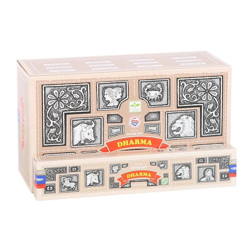 Box of 12 packs of Satya Superhit incense sticks with colorful packaging showing 15g Dharma fragrance sticks