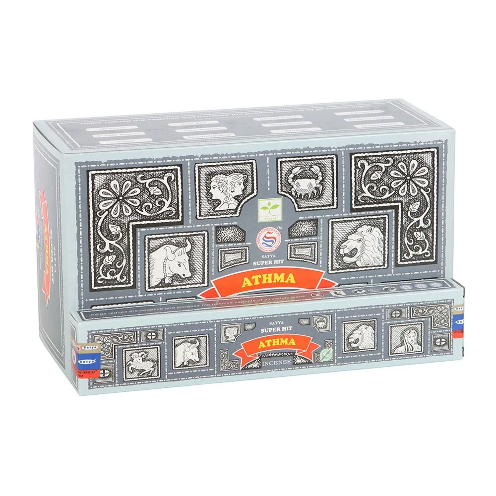 Box of 12 Satya Superhit Athma incense packs, each 15g, featuring purple and gold packaging with floral design