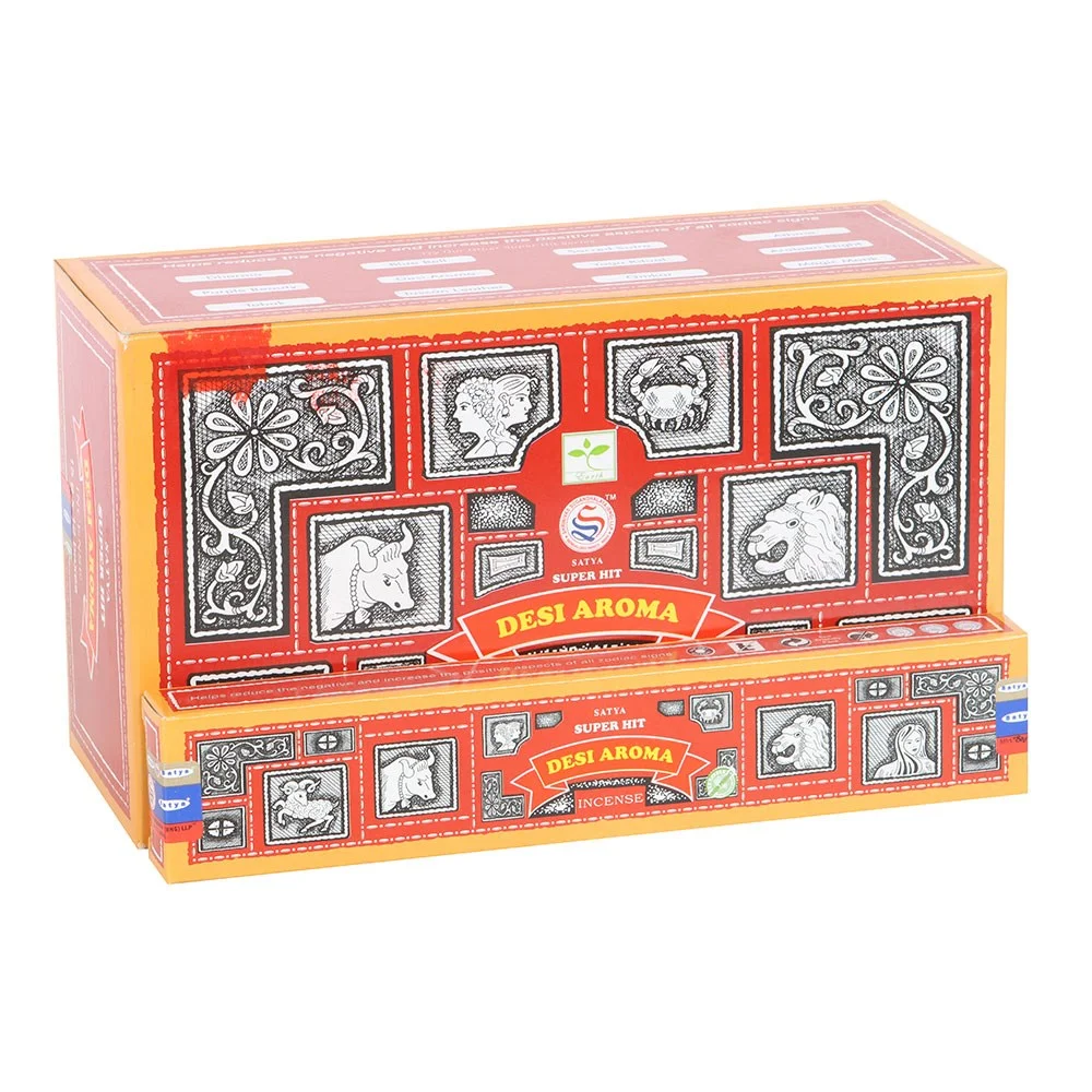 Box of 12 Satya Superhit incense packs, each containing 15g of vegan and cruelty-free Superhit Desi aroma sticks