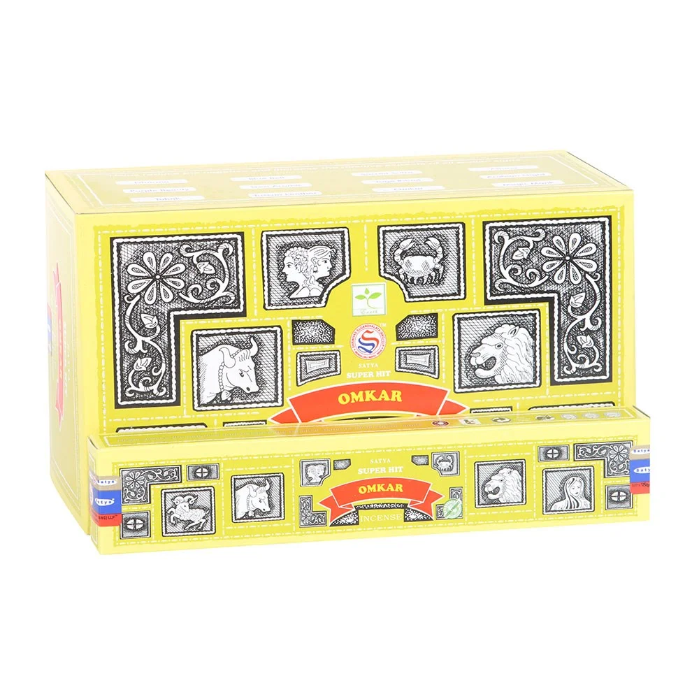 Box of 12 Satya Superhit Omkar incense packs with sandalwood and floral scent, 15g each, vegan and cruelty-free