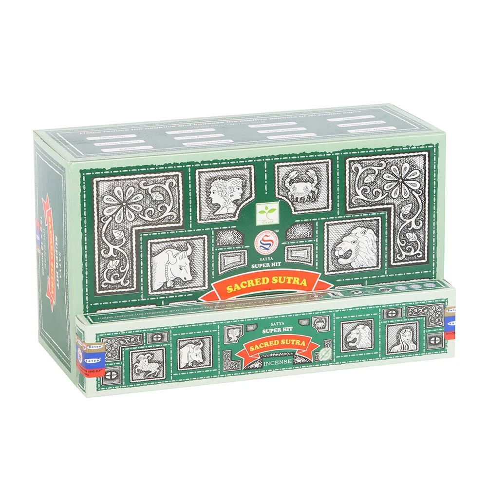 Box of 12 Satya Superhit incense packs with colorful, detailed packaging featuring sacred sutra design and 15g sticks each