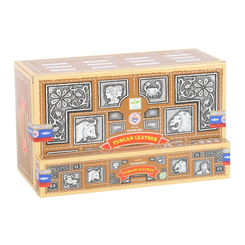 Box of 12 packs of Satya Superhit incense sticks in Tuscan scent with warm citrus and earthy notes, vegan and cruelty-free