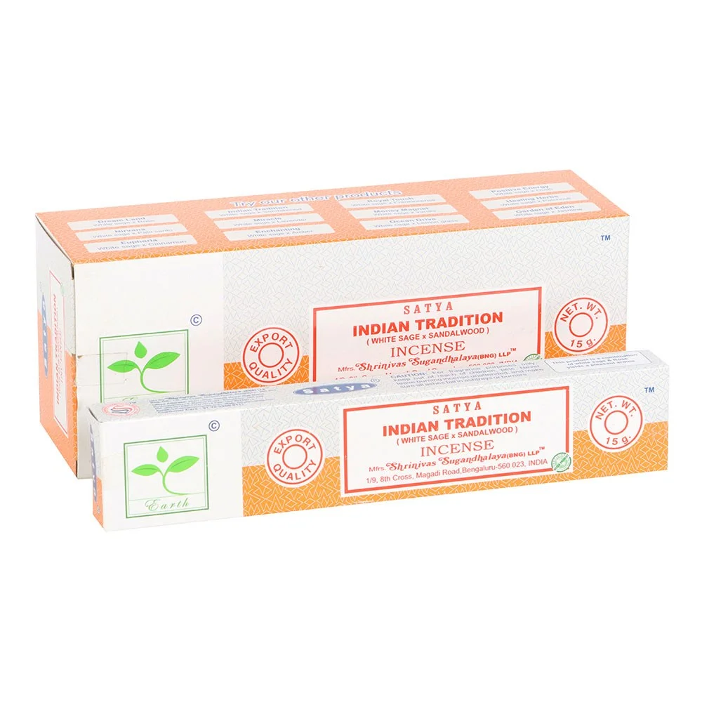 Set of 6 Satya incense sticks boxes with Indian Tradition Earth scent, showing traditional packaging and branding