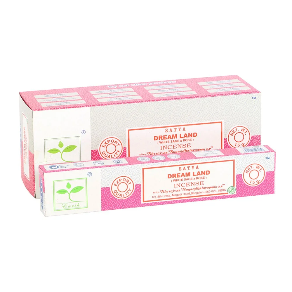 Set of 6 packs of Satya Dream Land incense sticks in colorful packaging with peaceful, dreamy design elements