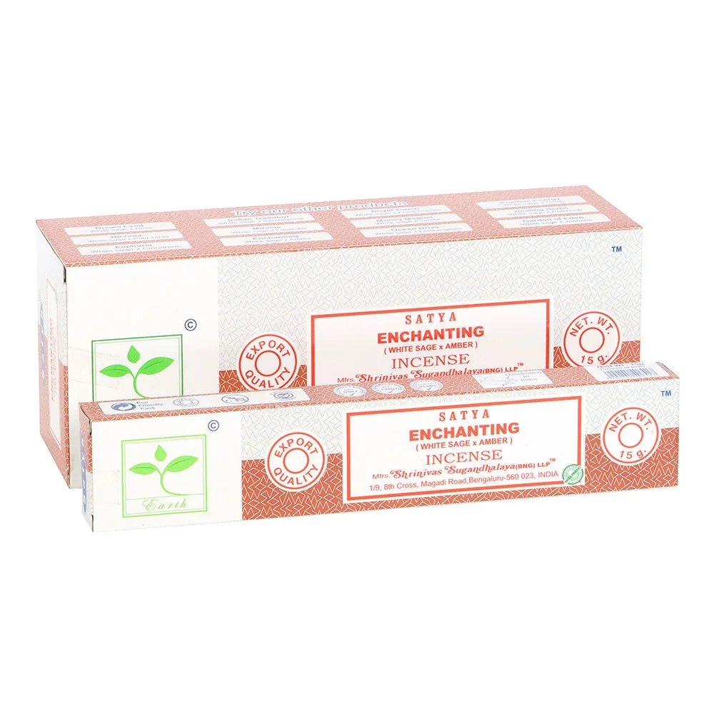 Box set of 6 Satya incense sticks packs labeled Enchanting Earth with floral and woody scent, vegan and cruelty-free