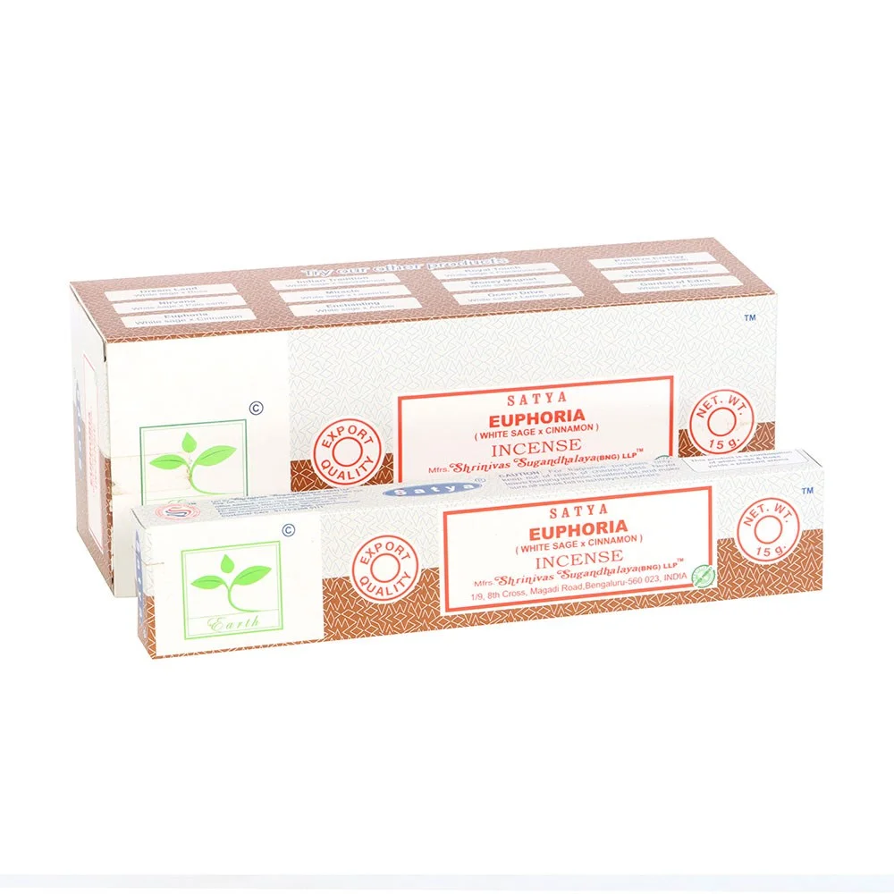 Six packs of Satya Euphoria incense sticks in vibrant packaging arranged side by side on a white background