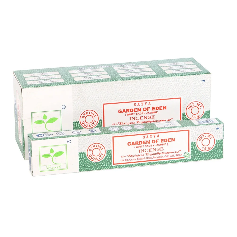 Set of 6 packs of Garden of Eden incense sticks by Satya, each with floral packaging in green and gold tones