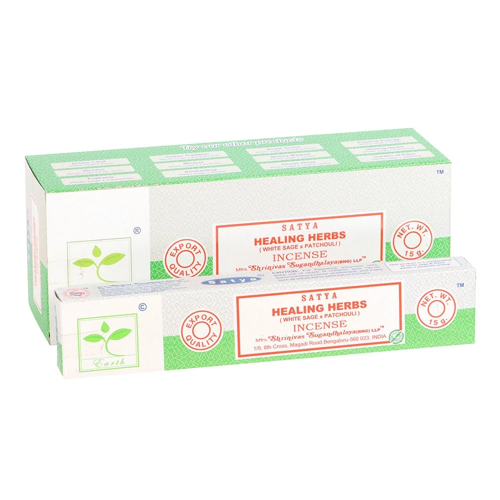 Box of 6 packs of Satya Healing Herbs Incense sticks with herbal-themed packaging for wellness and balance rituals