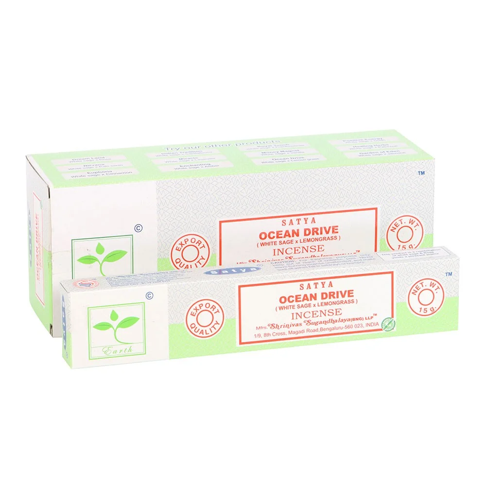 Set of 6 packs of Satya incense sticks in Ocean Drive Earth scent with blue and green packaging displayed upright