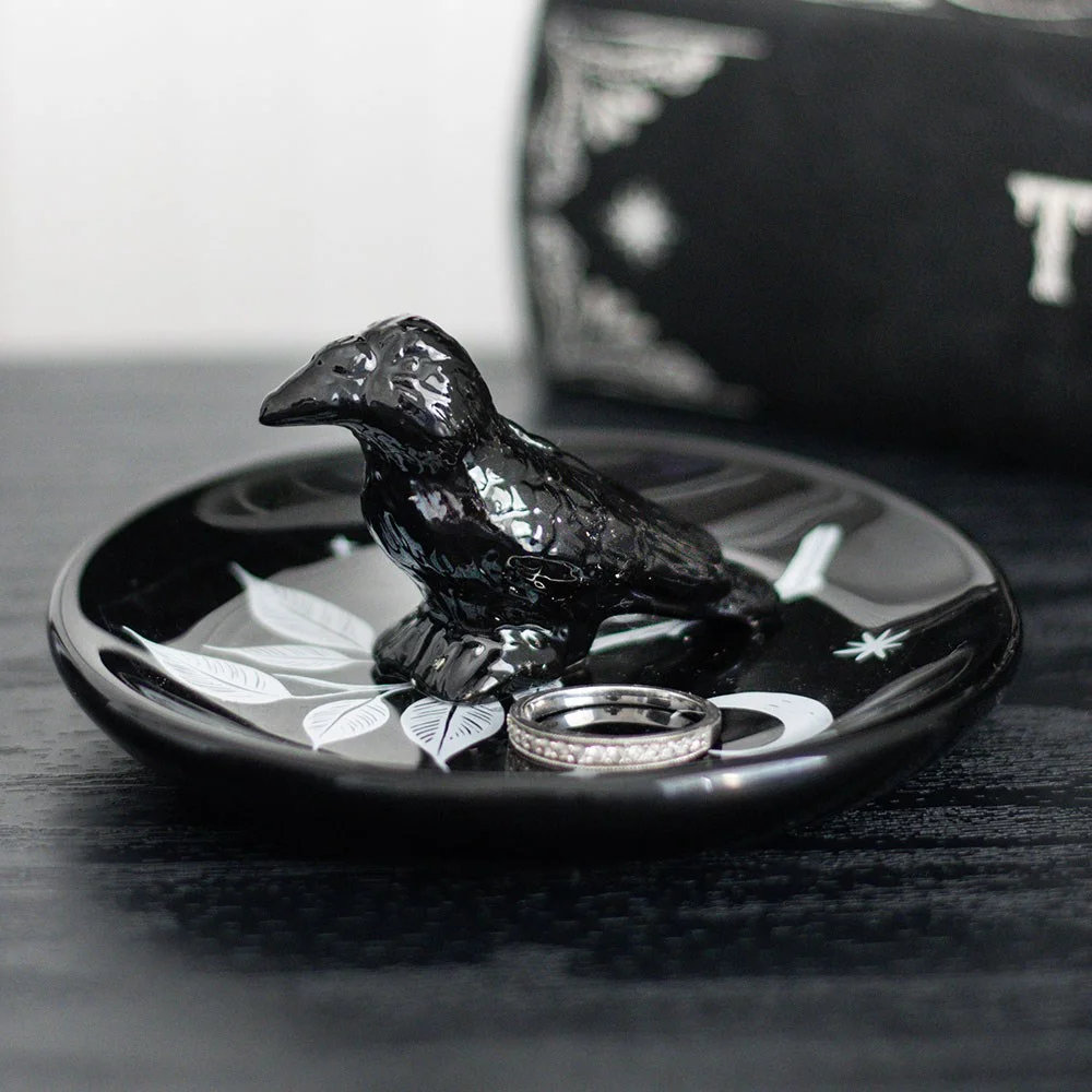 Bold black and white dish with raven and moon details, stylish gothic trinket dish for treasures, gothic bedrooms.