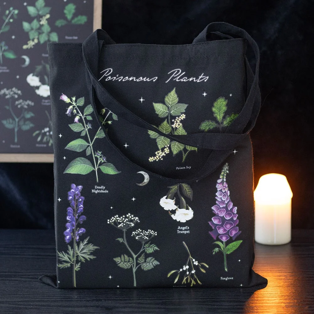 poisonous plant tote bag made from eco‑friendly polycotton with a detailed plant pattern