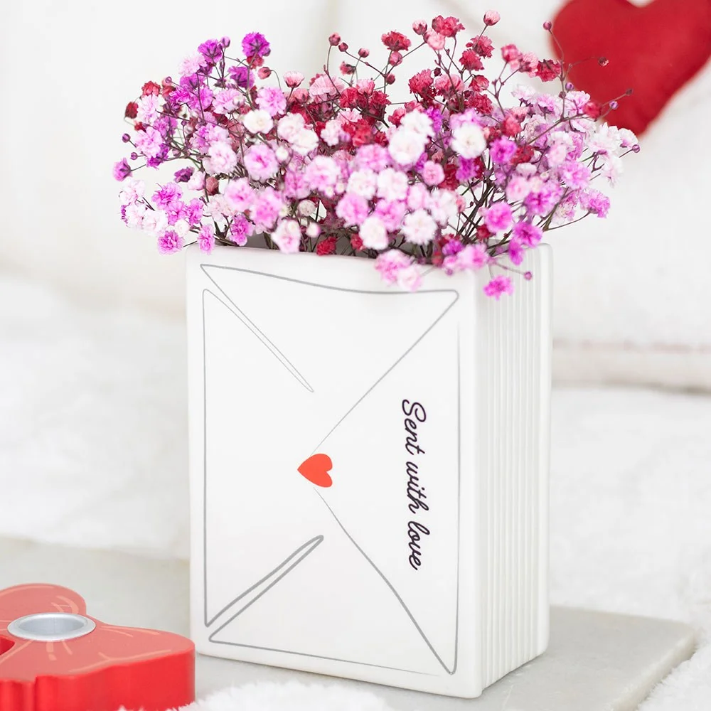 Ceramic valentine's day vase shaped like a love letter with a heart seal, ideal for fresh or dried flowers
