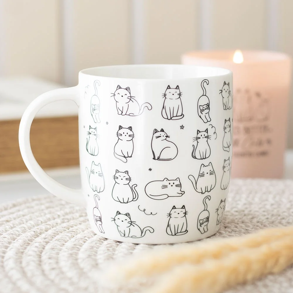 White cat mug with perky ears, whiskers, happy face. 500ml capacity, hand wash only.