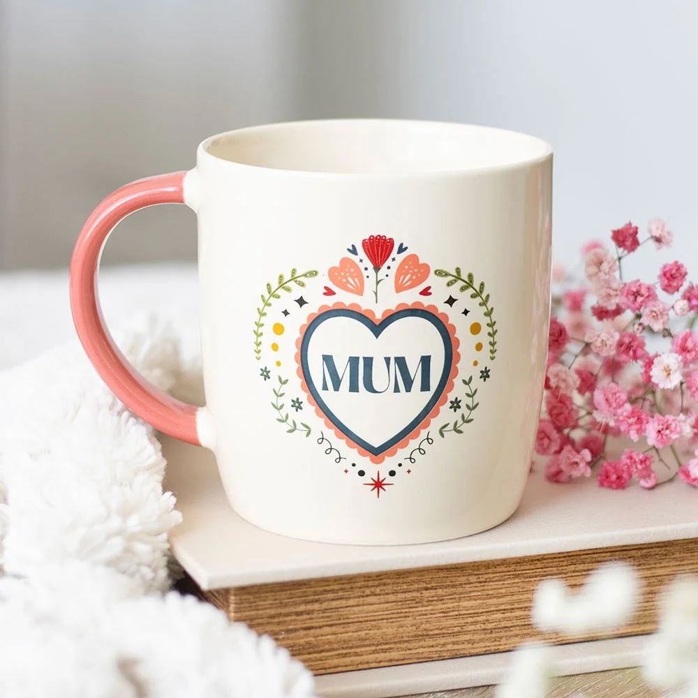 Ceramic Mum folk heart mug with folk heart design and Mum text, 350ml, microwave and dishwasher safe.
