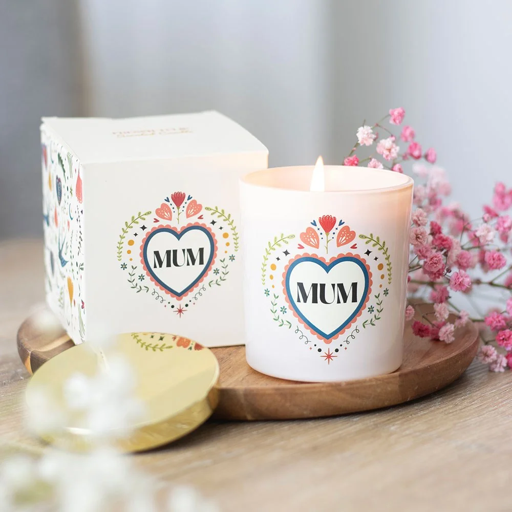 Cream jar Mum scented candle with folk heart design and French Tulip scent on white background