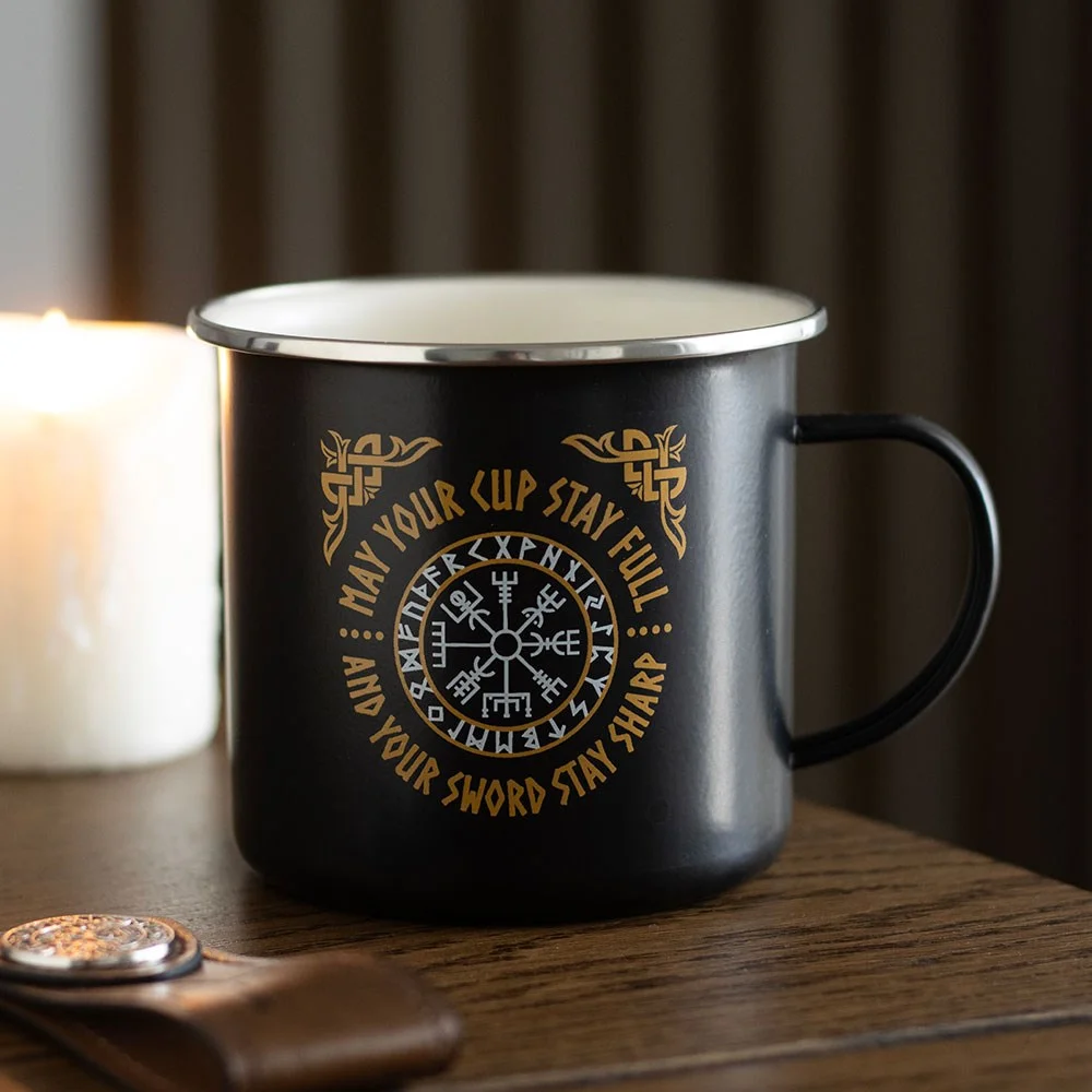Viking compass mug with Vegvisir symbol on white enamel metal, 550ml capacity, black rim and handle.