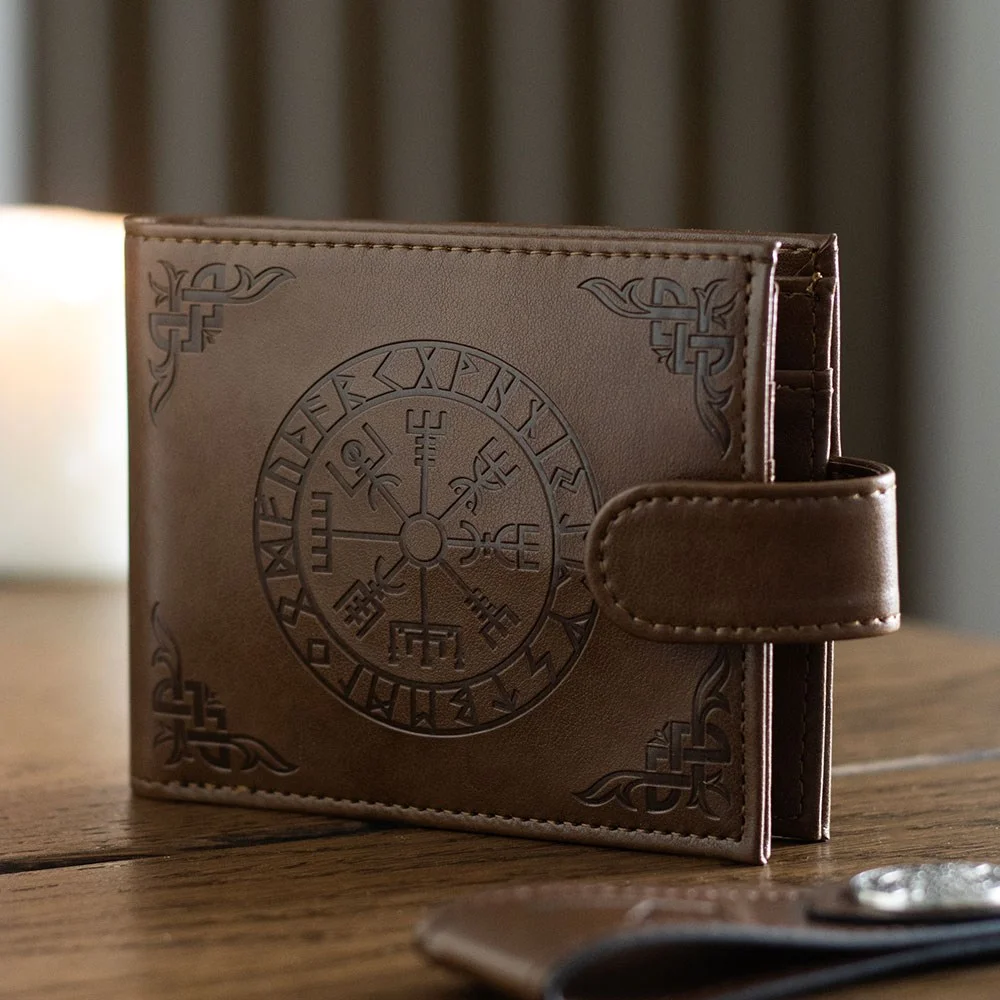 Faux leather wallet featuring a Viking Compass design and embossed Vegvisir symbol.