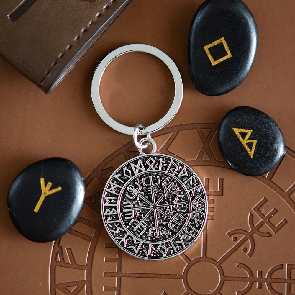 Vegvisir keyring made of durable alloy featuring Viking compass design on a metal ring against white background