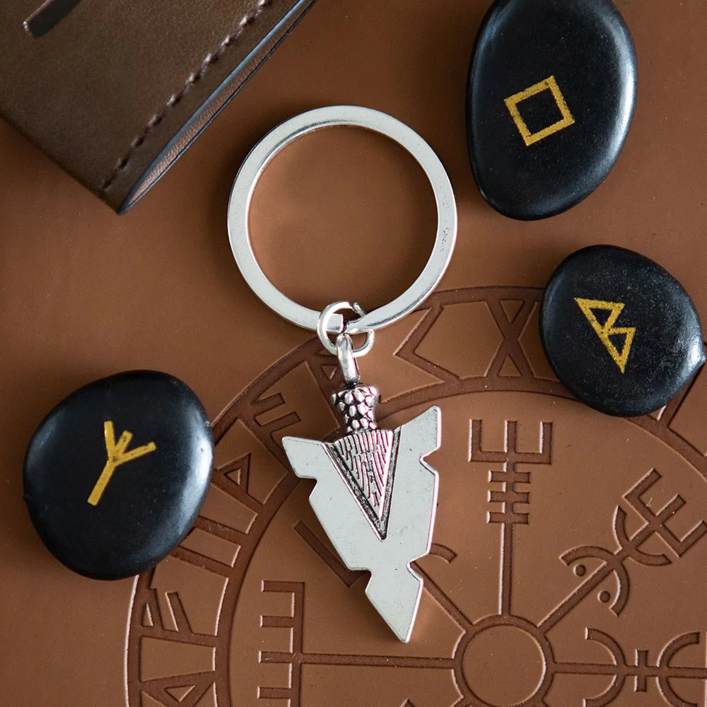 Norse arrowhead keyring made from durable alloy with detailed Viking-inspired design on a metal keyring loop