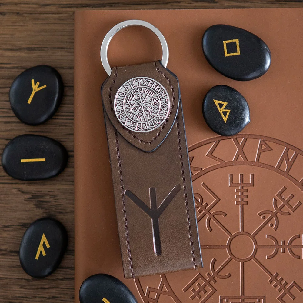 Protection rune keyring with Algiz rune and metal compass on brown faux leather tab, keyring attached