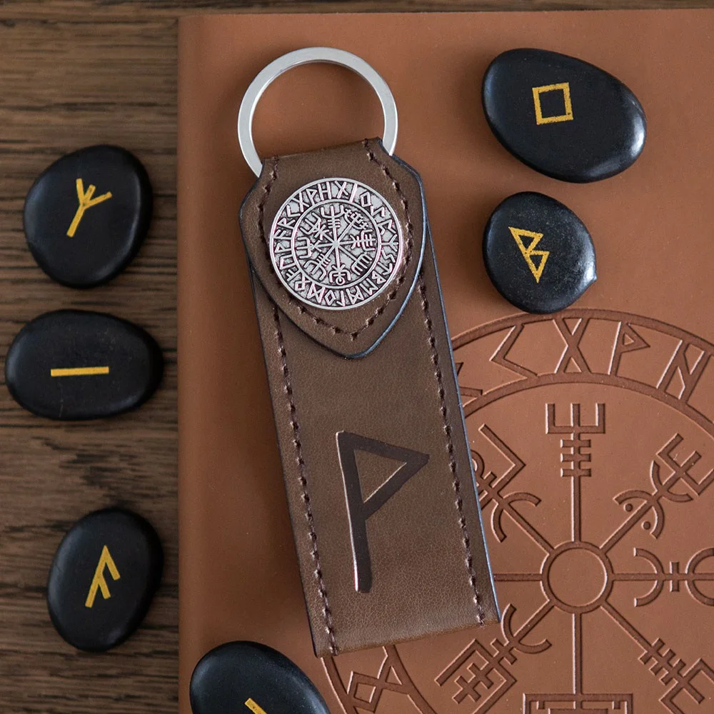 Viking rune keyring with faux leather tab and detailed metal compass, designed with the word joy in runes
