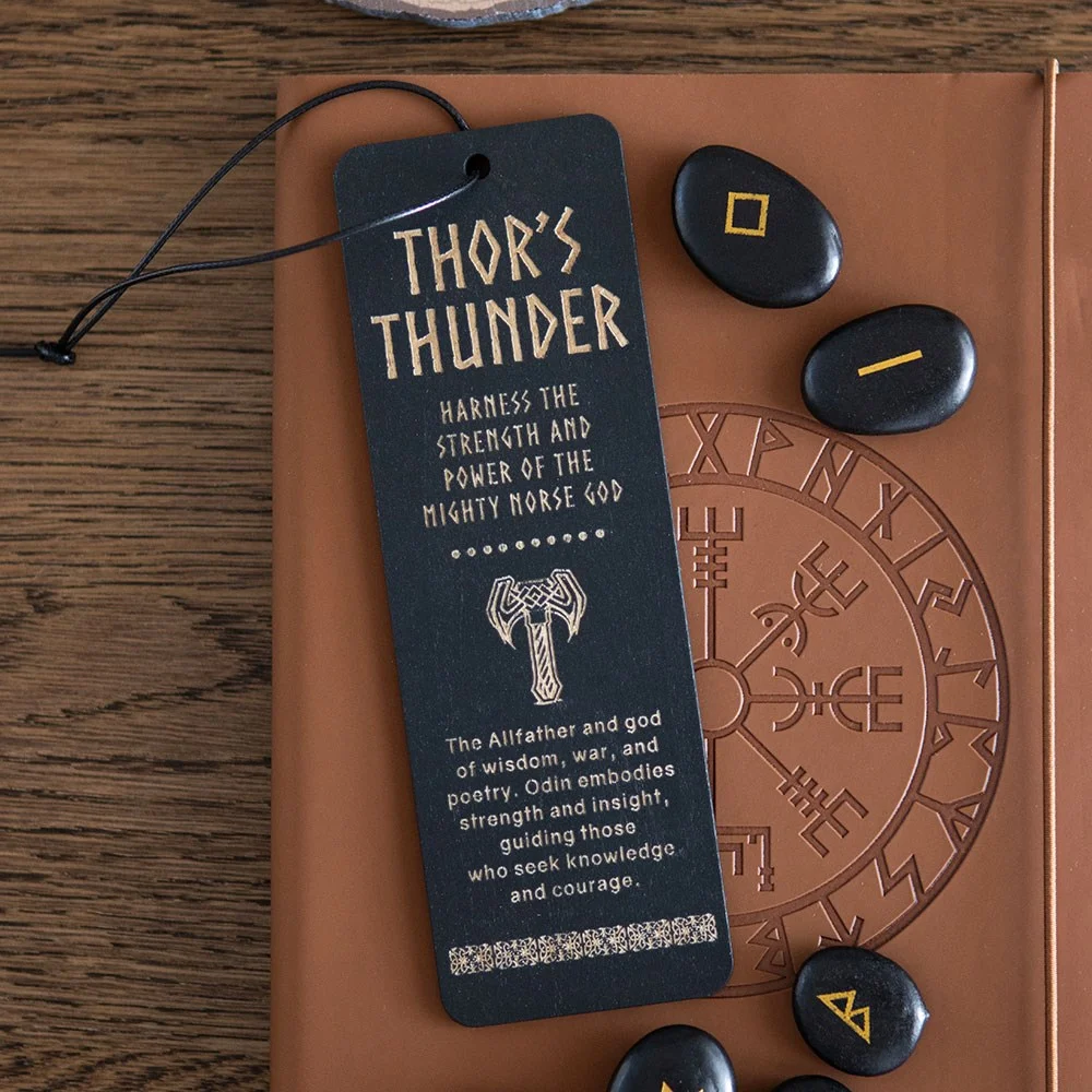 Wooden bookmark with Thor’s hammer design and Norse Viking motifs in dark engraved wood style