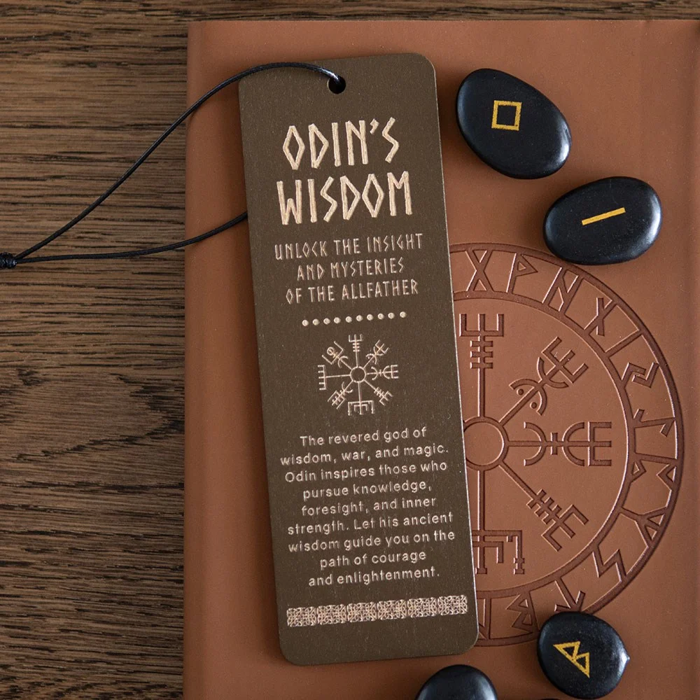 Wooden bookmark engraved with Vegvísir symbol and Viking words of wisdom from Odin's mythology