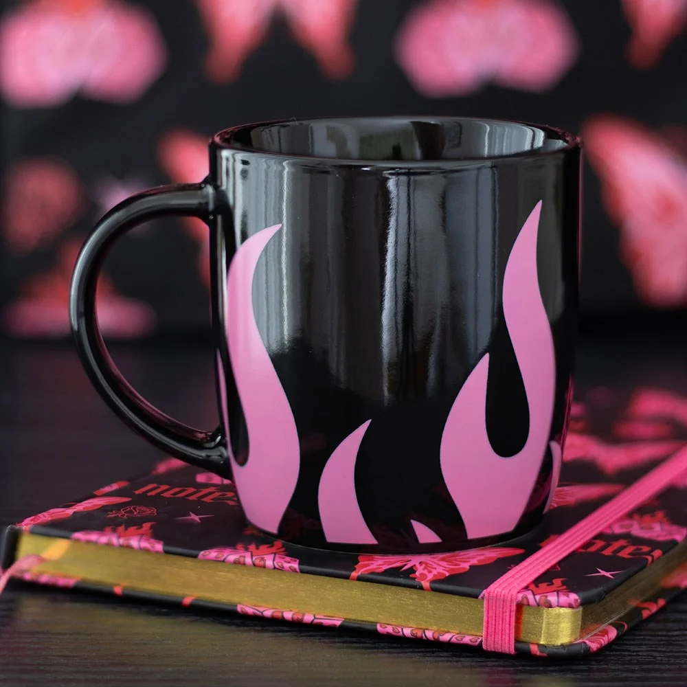 Black ceramic pink flame mug with bold pink flames, 320ml capacity, shown on white background