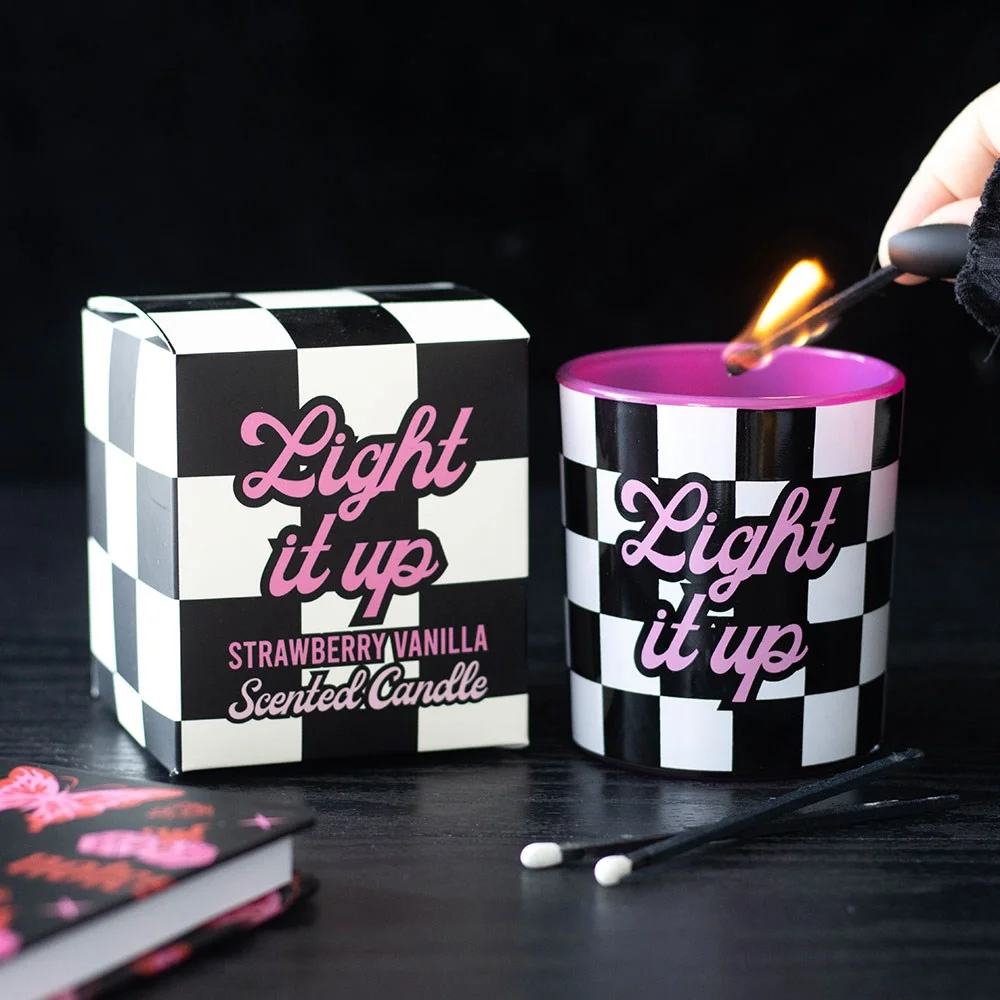 Checkerboard patterned strawberry vanilla candle with "Light It Up" text on white background, paraffin wax, 35-hour burn time