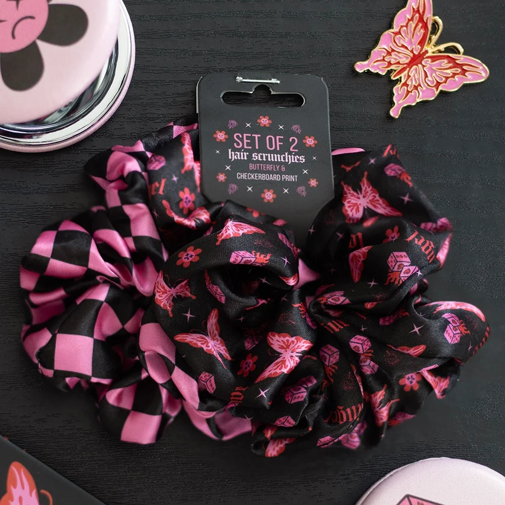 Set of 2 butterfly hair scrunchies featuring a cybersigil butterfly print and a pink checkerboard design on soft fabric