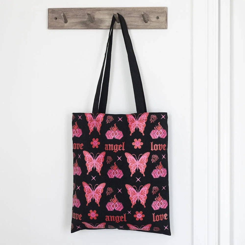 Polycotton tote bag with bold cybersigil butterfly print in vibrant colors, spacious and durable for everyday use