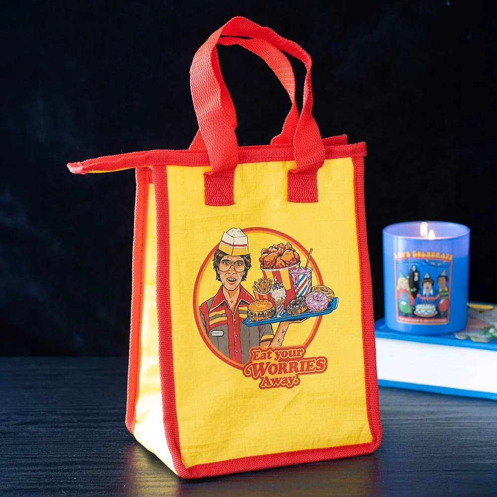 Eat Your Worries insulated lunch bag with cartoon minimum wage hero, zipper closure, made from recycled plastic