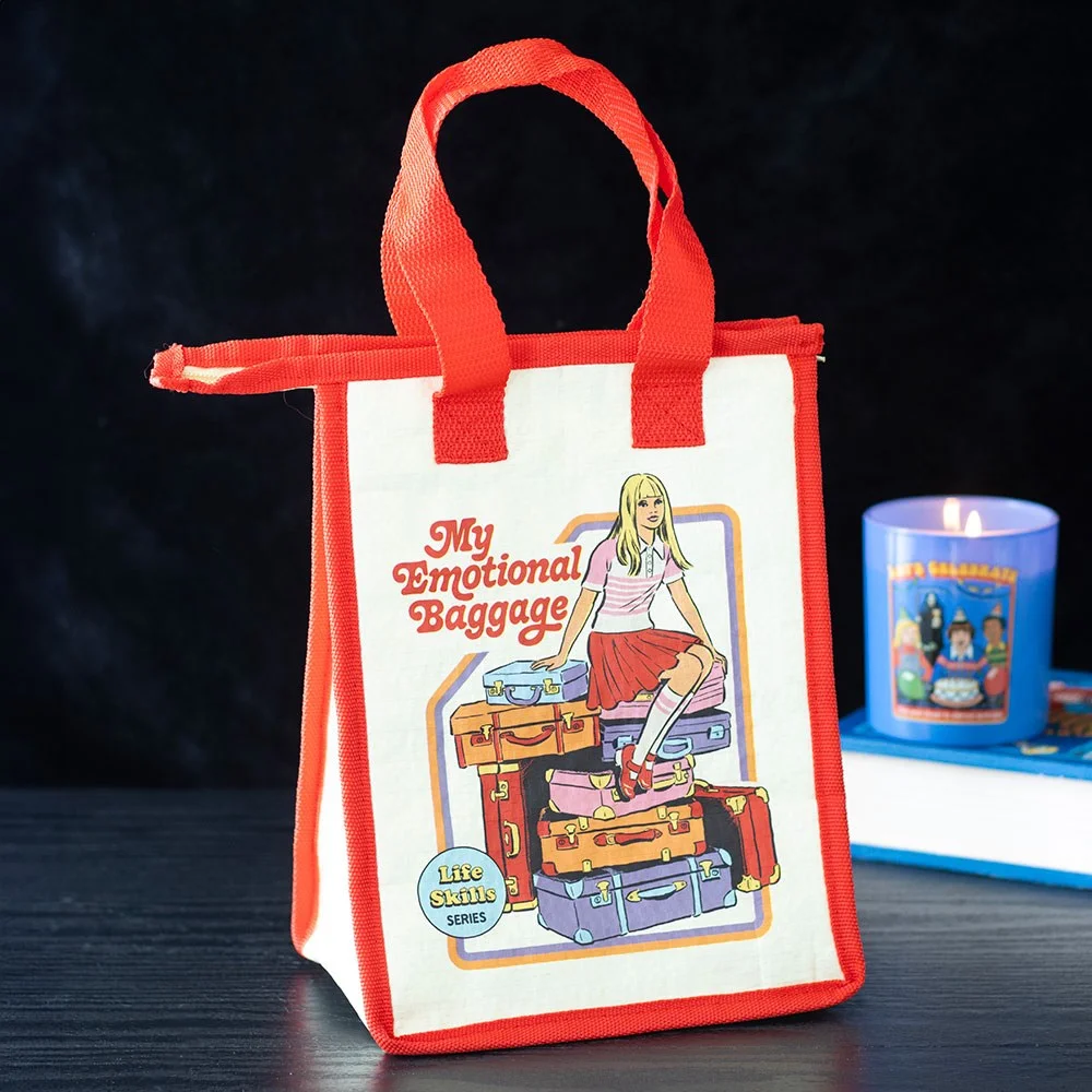 Insulated lunch bag with colorful retro design and "My Emotional Baggage" text by Steven Rhodes, zippered closure