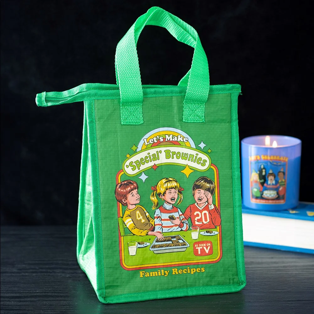 Insulated lunch bag with retro baking class design featuring brownies, zip closure, made from recycled plastic