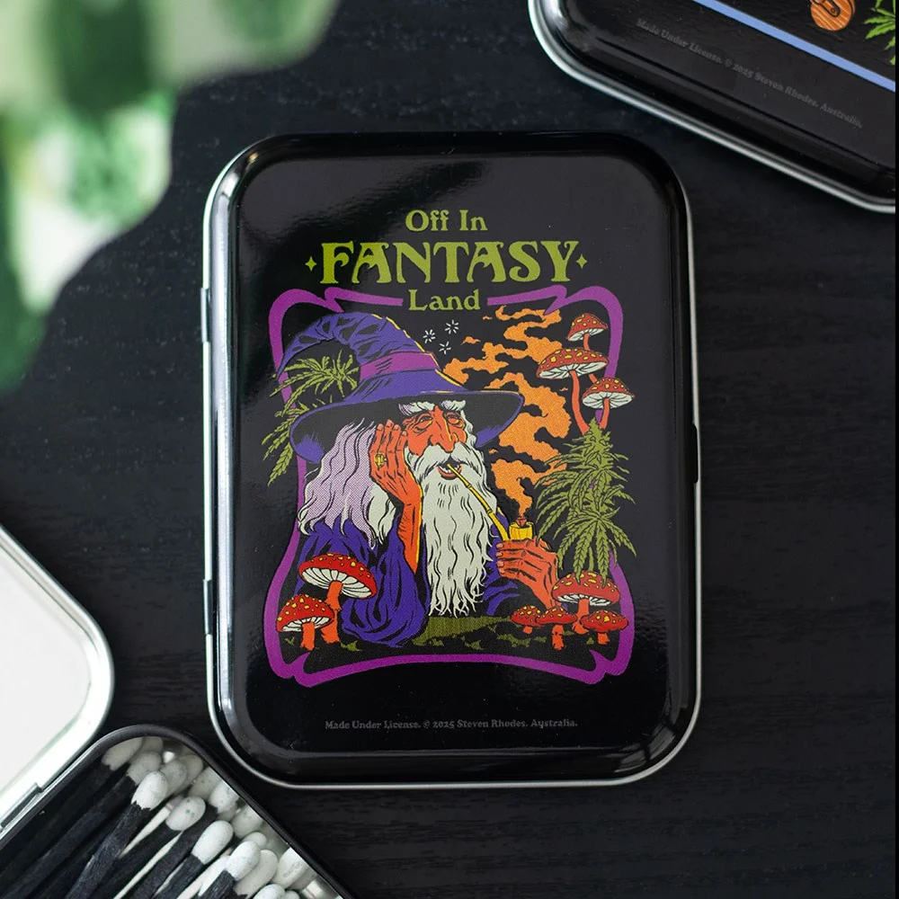 Fantasy Land Stash Tin by Steven Rhodes with colorful, trippy artwork for storing herbs, coins, or small treasures
