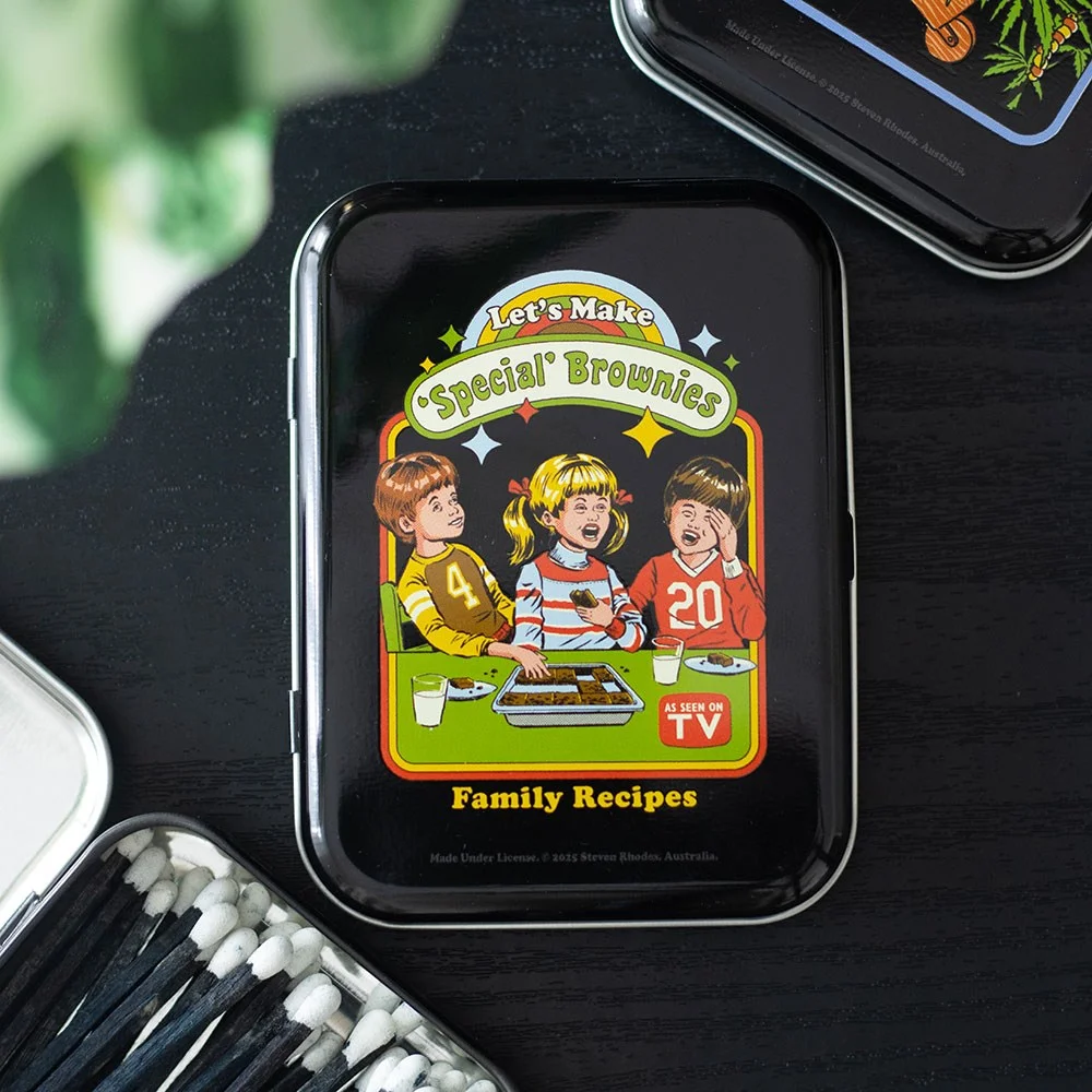Retro stash tin with vintage-style illustration and text "Let's Make Brownies" by Steven Rhodes, official licensed design