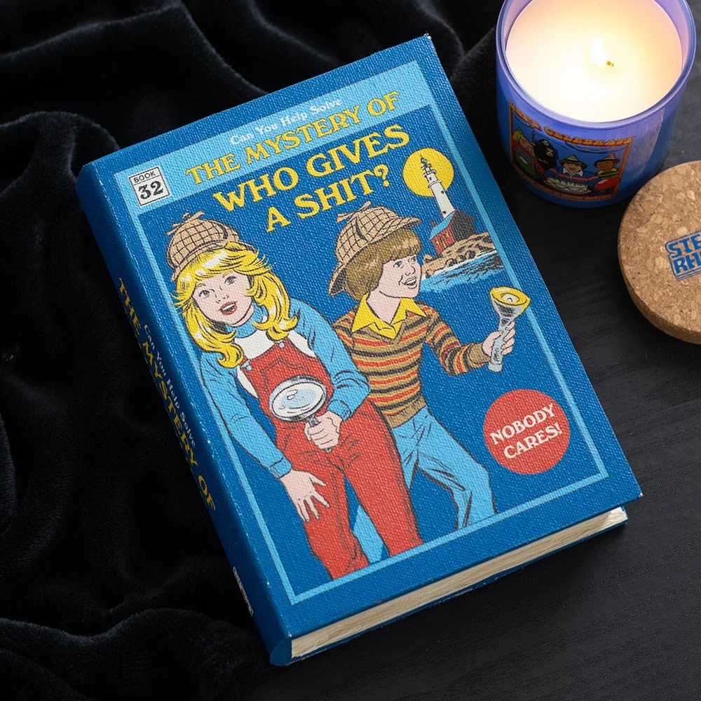 Closed book shaped storage box with retro design and "Who Gives a Shit" text by Steven Rhodes on white background
