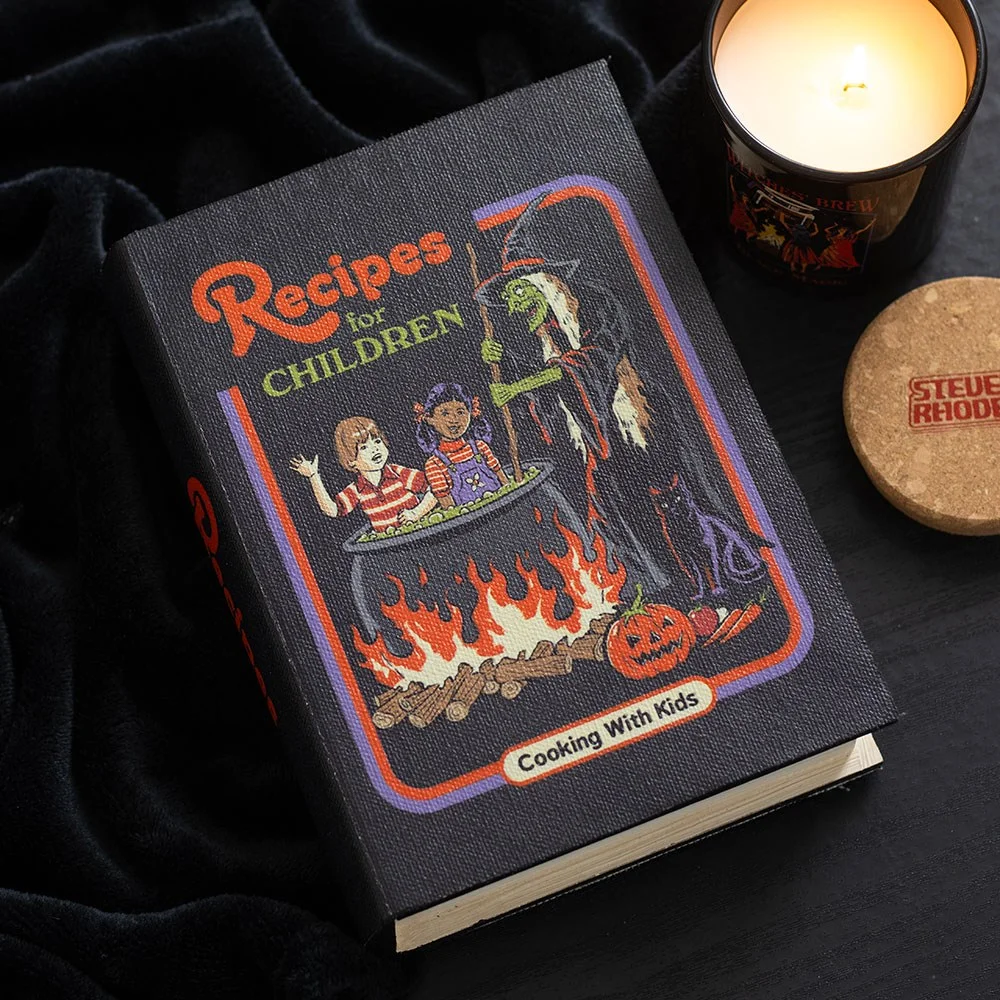 Retro-style recipe book storage box by Steven Rhodes, designed to look like a spicy cookbook with vintage horror theme