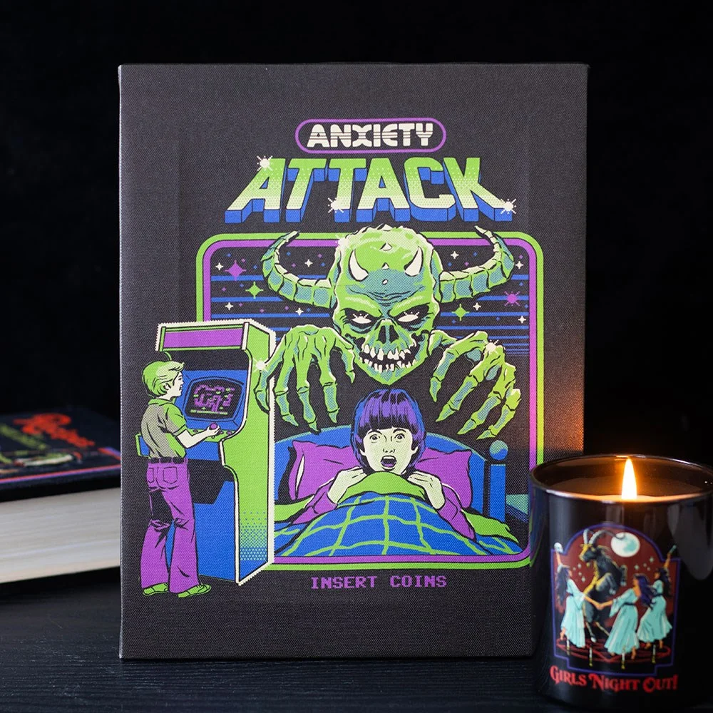 19x25cm anxiety attack canvas plaque by Steven Rhodes showing retro arcade style panic design with sawtooth hanger on back