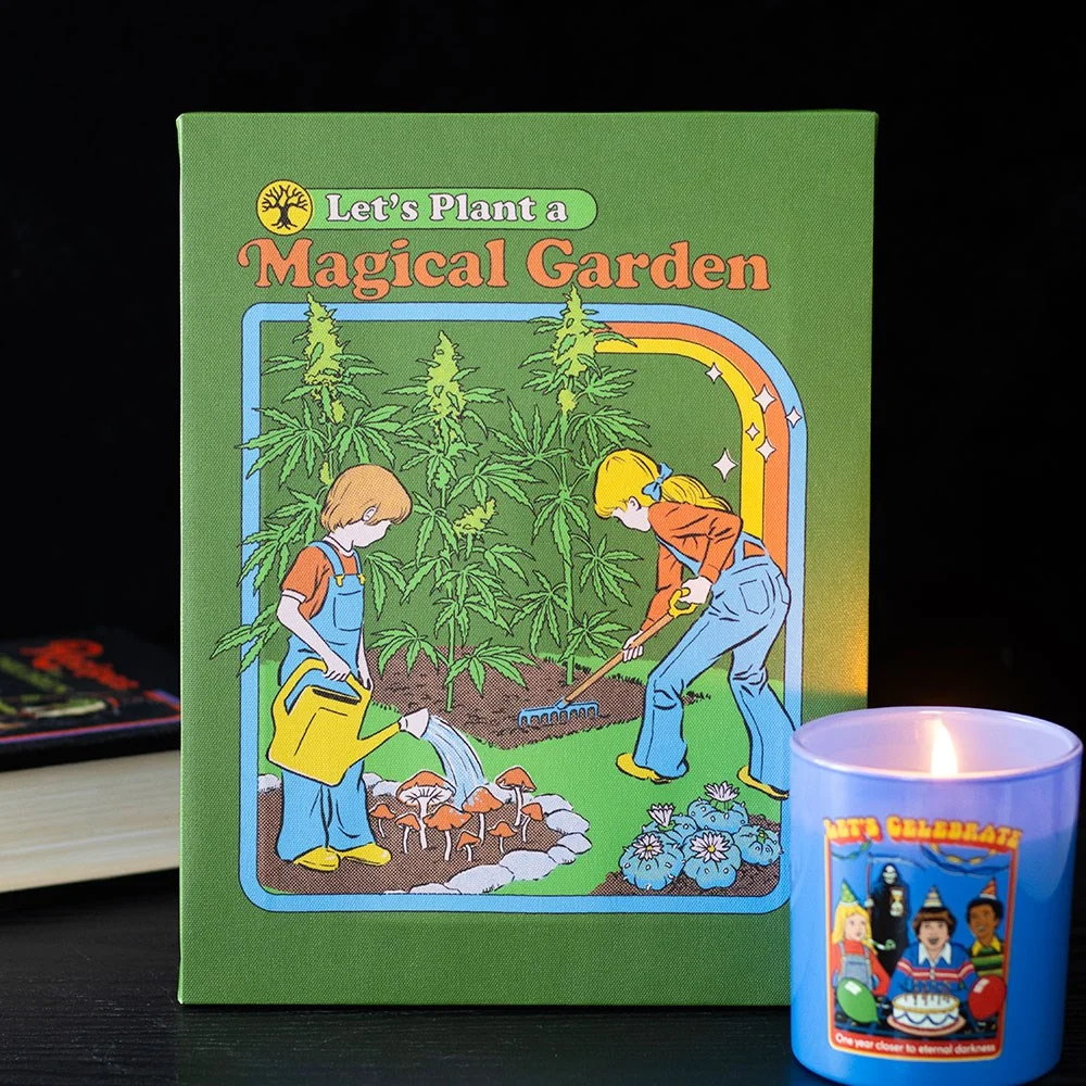 19x25cm magical garden canvas plaque by Steven Rhodes showing kids planting herbs and mushrooms with retro design