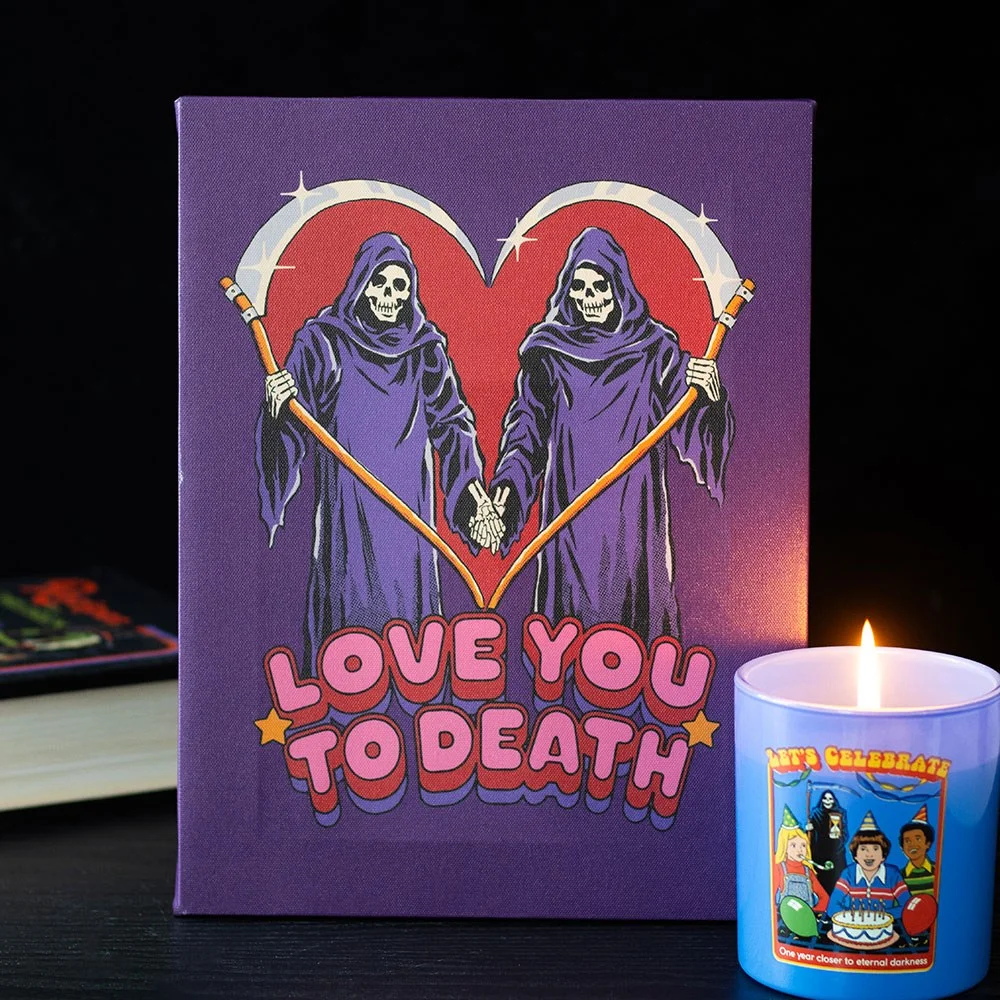 Love You To Death canvas plaque by Steven Rhodes with retro style skull couple and scythes, 19x25cm, sawtooth hanger on back