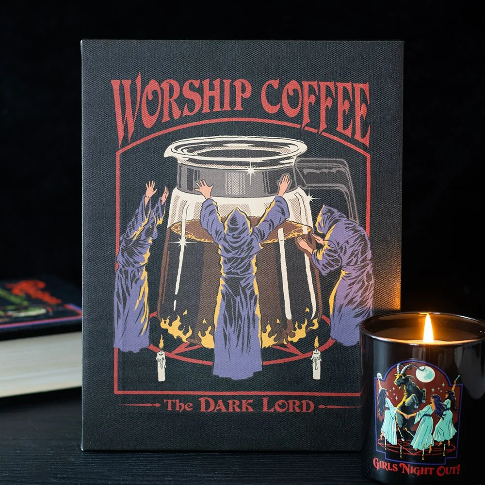 19x25cm coffee canvas plaque by Steven Rhodes with retro coffee-themed artwork and sawtooth hanger on back