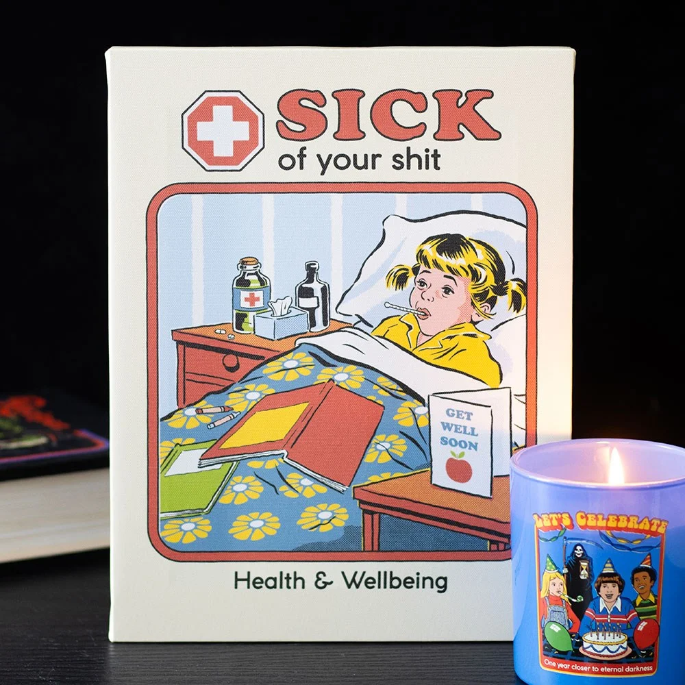 19x25cm canvas plaque wall art with bold text "Sick Of Your Shit" by Steven Rhodes, retro style with sawtooth hanger