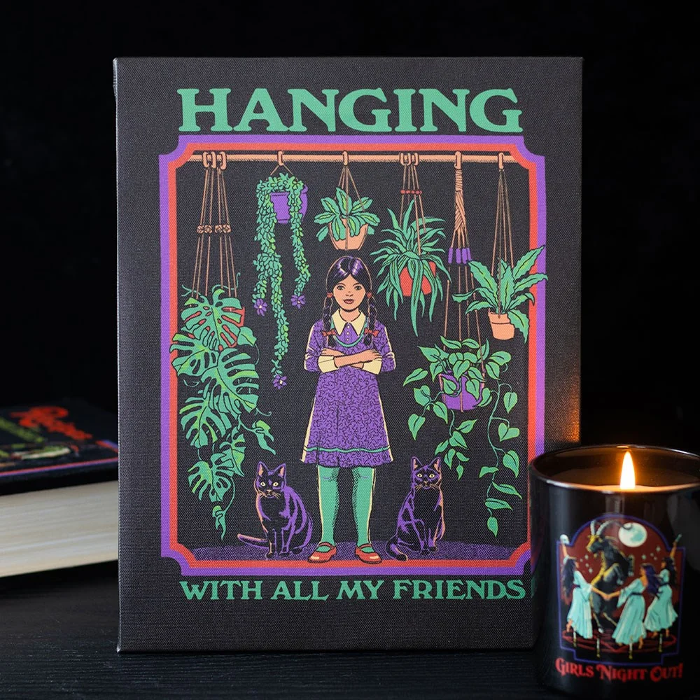 19x25cm introvert canvas plaque by Steven Rhodes with retro design, featuring text about plants and cats, sawtooth hanger