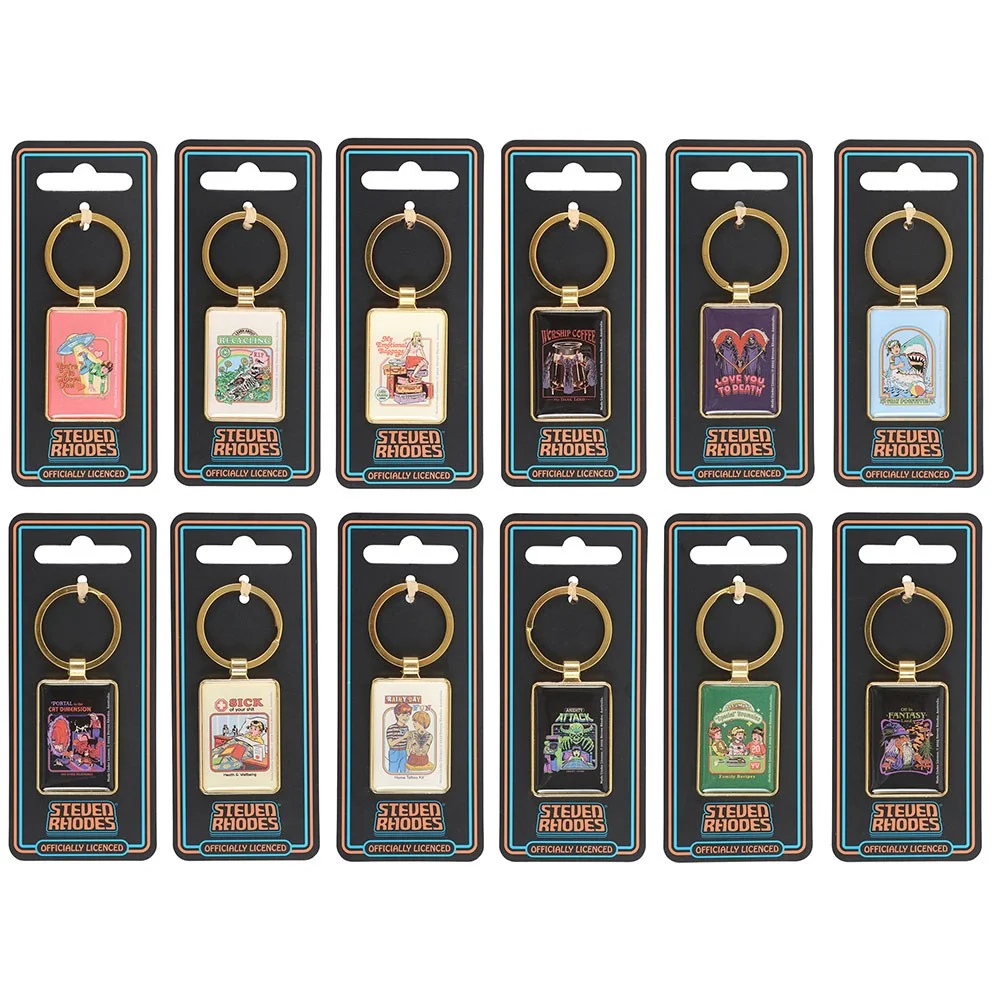 Set of 12 enamel keyrings with retro designs by Steven Rhodes, arranged together on a white background