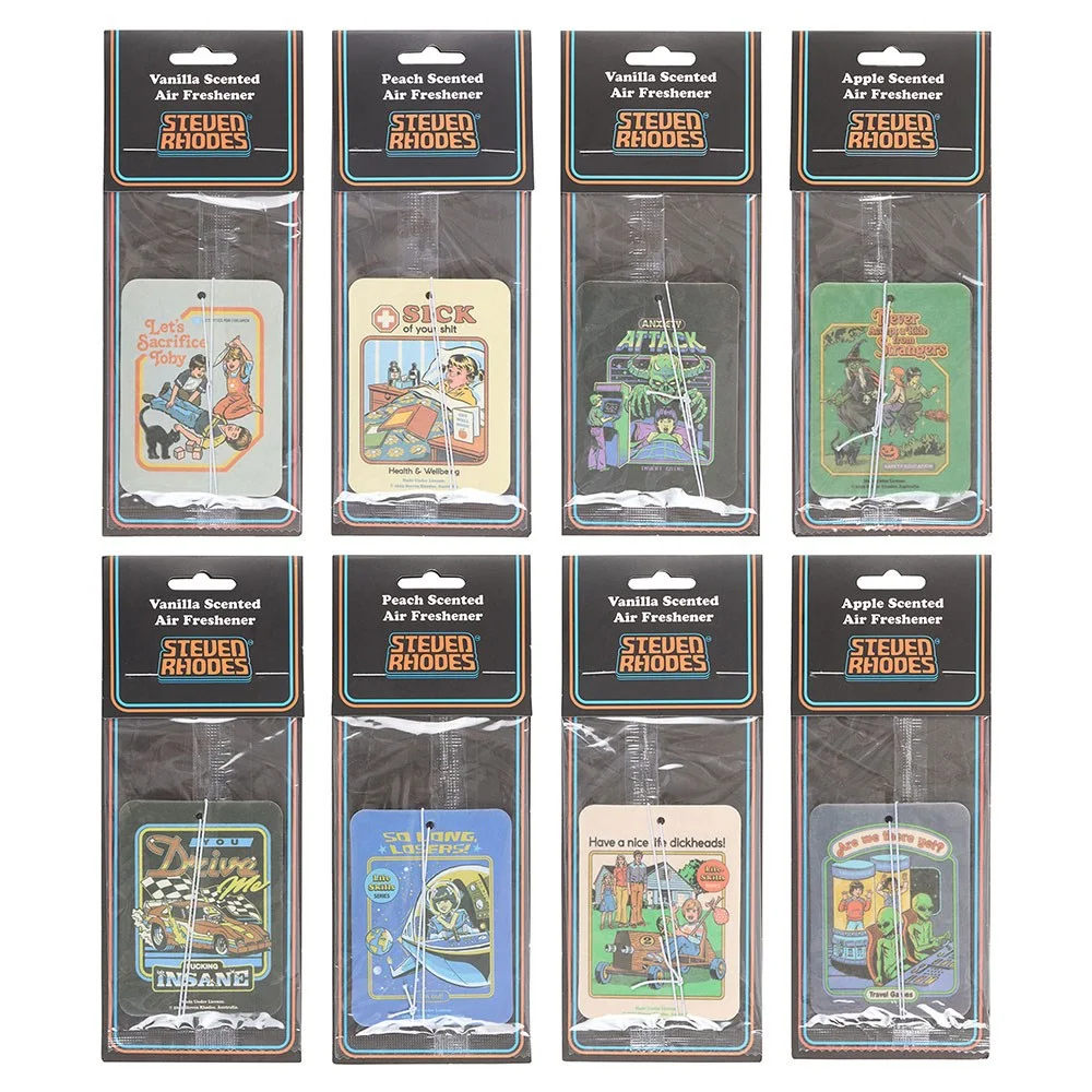 Set of 8 Steven Rhodes air fresheners with retro designs in peach, apple, and vanilla scents, arranged side by side