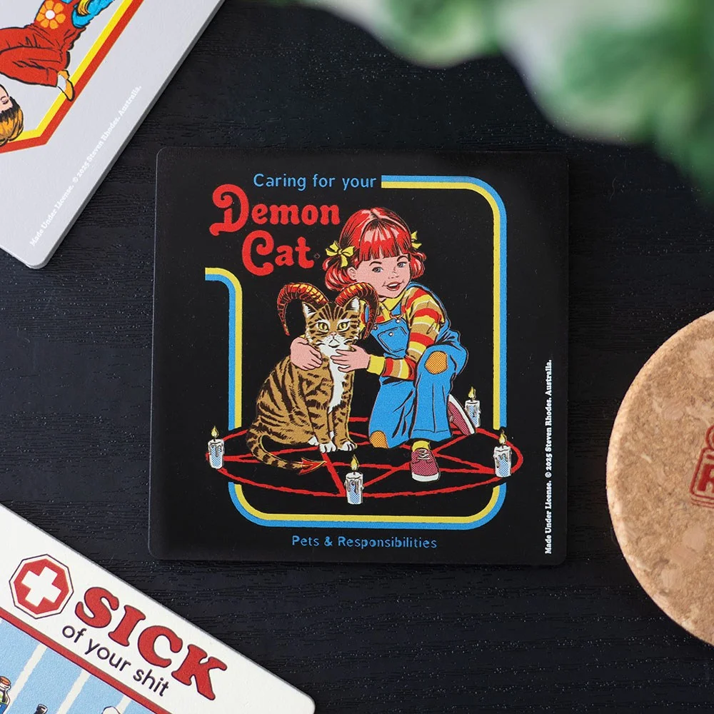 Demon cat coaster by Steven Rhodes featuring a black cat illustration on a round MDF coaster for drinks and surface protection
