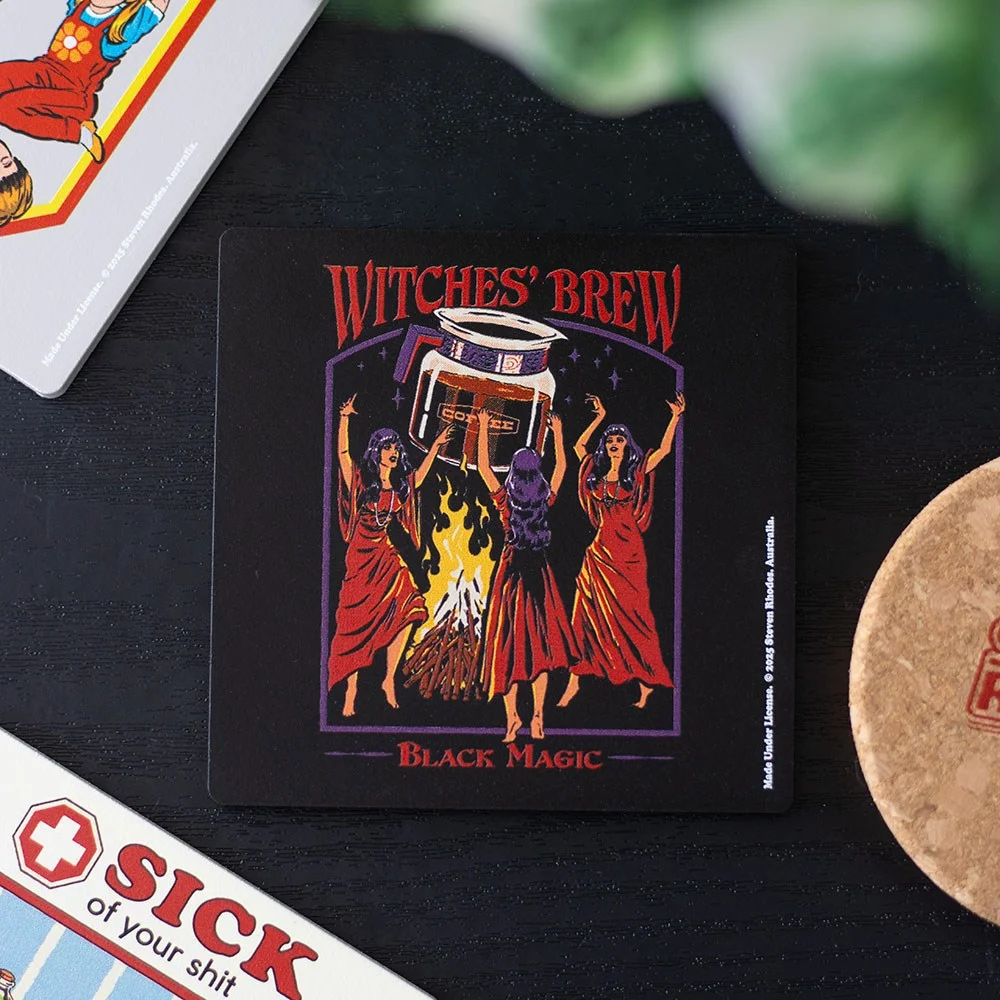 Coffee coaster featuring a witch-themed design by Steven Rhodes, protecting surfaces from coffee spills with dark magic flair