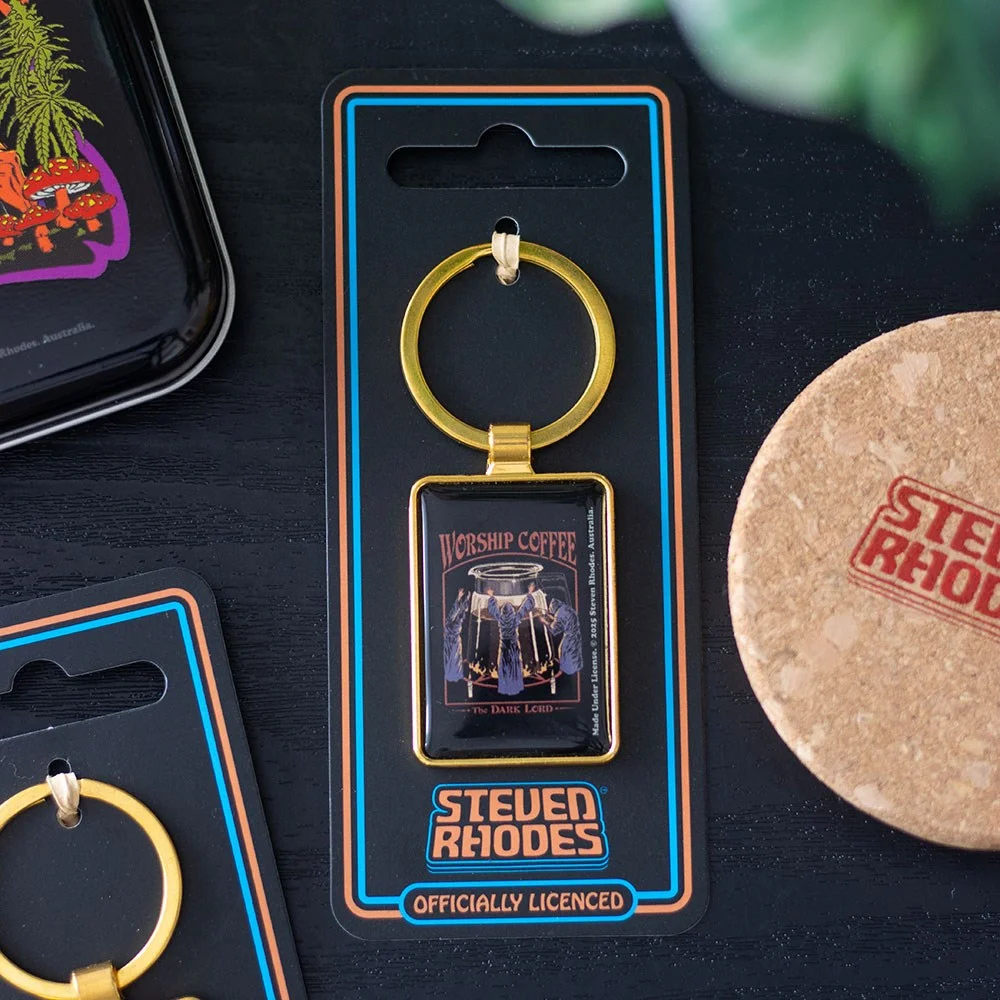 Steven Rhodes Worship Coffee enamel keyring featuring a giant coffee pot and worshipping figures in retro style