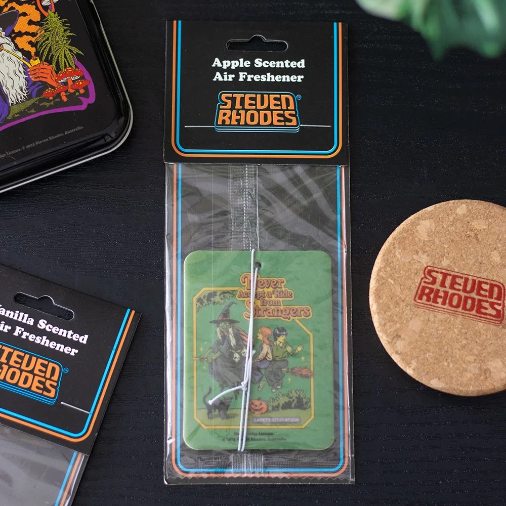 Ride from Strangers apple air freshener by Steven Rhodes showing retro design with apple scent on a hanging string